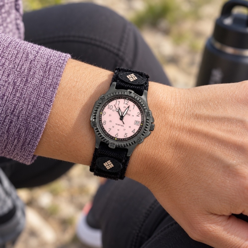 Columbia Womens Sport Watch Pink Dial Black Nylon Band 100M Date New Battery